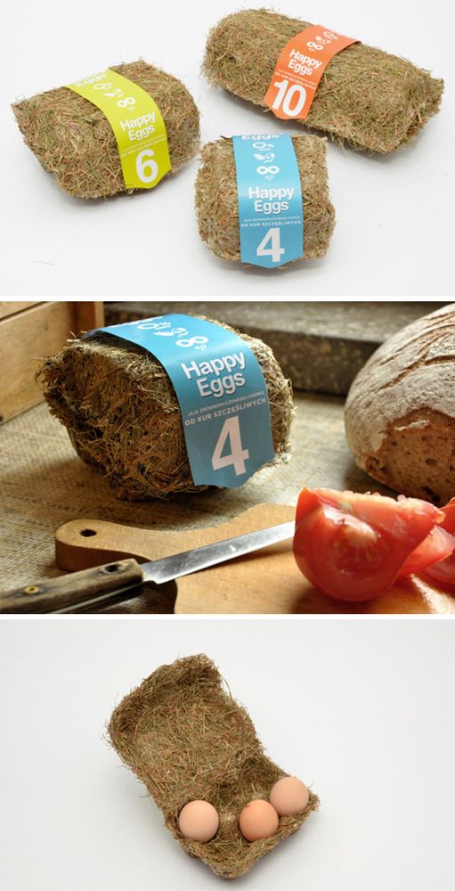 three pictures showing how to make an egg carton out of hay and eggs in it