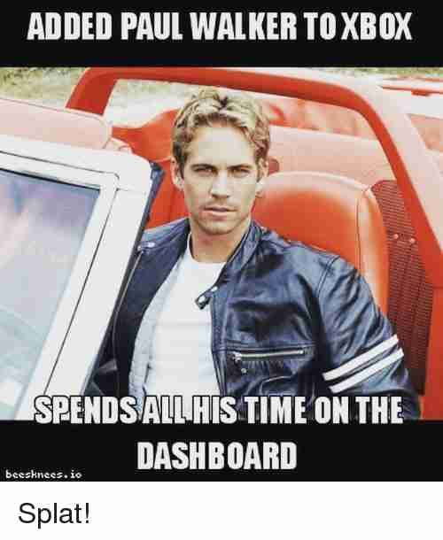 a man in a leather jacket leaning on an old tv with the caption reads, added paul walker to xbox sends all his time on the dashboard