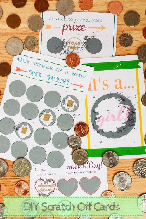 some coins are laying on top of each other with the words diy scratch off cards