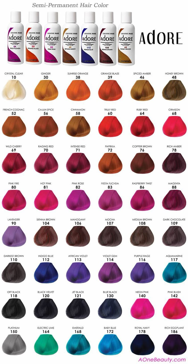 Hair Dye Color Chart, Adore Hair Dye, Hair Color Names, Hair Color Swatches, Hair Dye Brands, Hidden Hair Color, Color Ideas For Short Hair, Dyed Curly Hair, Dyed Hair Purple