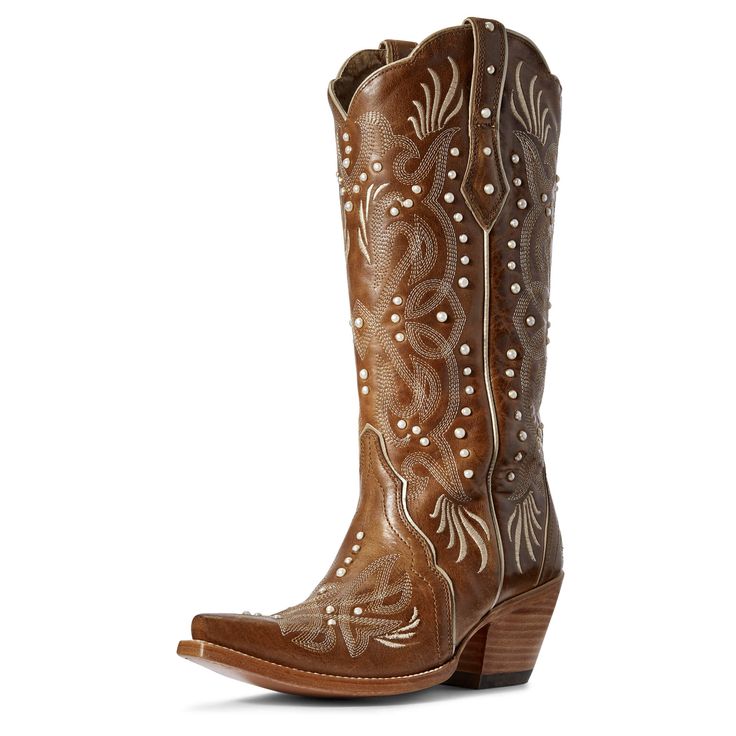 When the occasion calls for statement boots, the Pearl is your answer. As gorgeous nestled under a wedding dress as it is dressed up with your favorite jeans, this fashion boot's premium leather and intricate pearl-like details will turn heads wherever you go. Pearl Western Boot | Product Features : 0 : ATS® technology provides ergonomic support on uneven terrain, 1 : Veg-tan leather sole, 2 : Can be resoled, 3 : Goodyear leather welt construction, 4 : Six-row stitch pattern | Women's Pearl West Fitted Leather Mid-calf Boots For Western-themed Events, Elegant Snip Toe Boots For Western-themed Events, Elegant Leather Moto Boots With Snip Toe, Elegant Brown Snip Toe Boots, Elegant Fitted Boots For Ranch, Elegant Leather Boots For Western-themed Events, Elegant Snip Toe Boots For Rodeo, Leather Snip Toe Wedding Boots, Leather Wedding Boots With Snip Toe