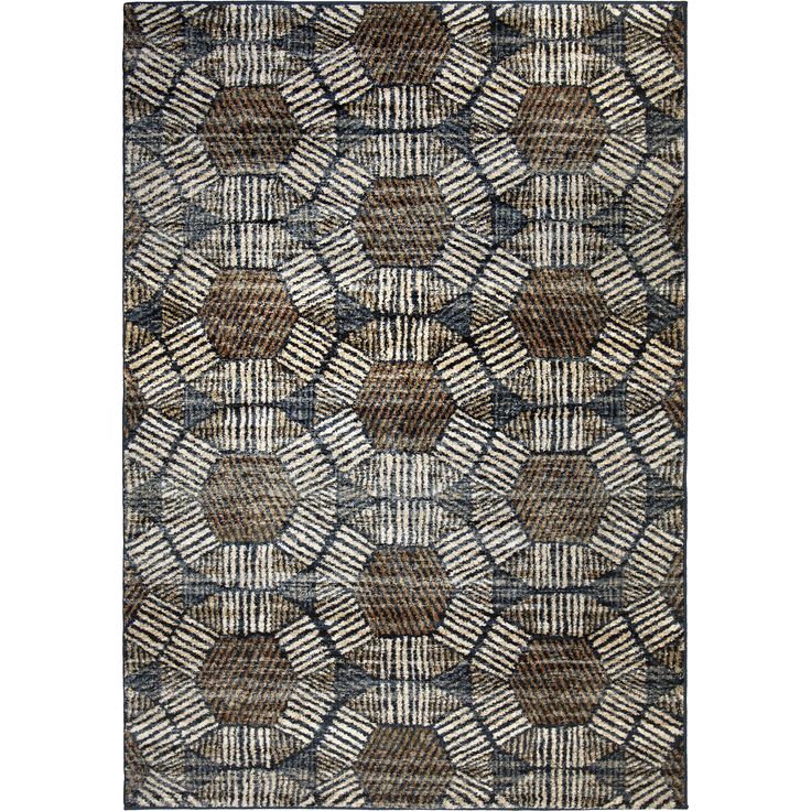 a brown and blue rug with an abstract design on the bottom, it is made out of