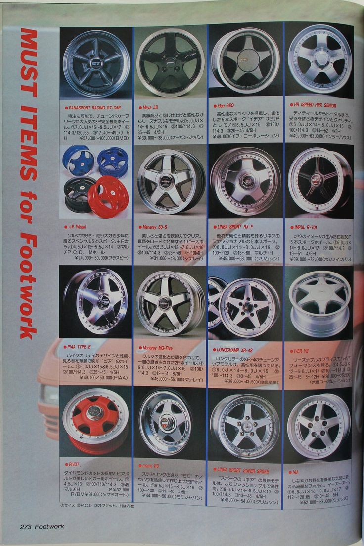 an open book showing different types of wheels and rims in various colors, sizes and shapes