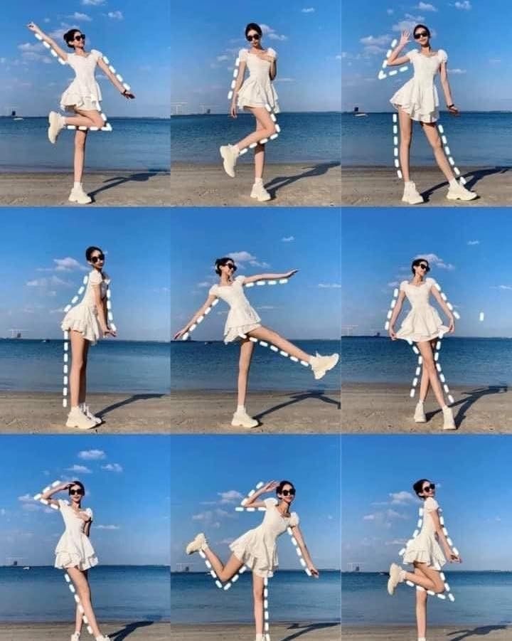 several pictures of a woman in white dress dancing on the beach with her legs spread out