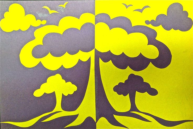 a yellow and purple poster with trees in the sky on one side and clouds on the other