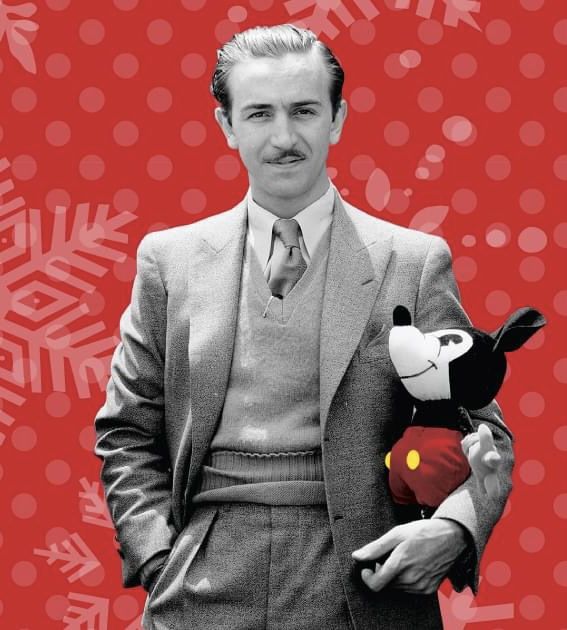 a man in a suit and tie holding a stuffed animal on a red background with snowflakes