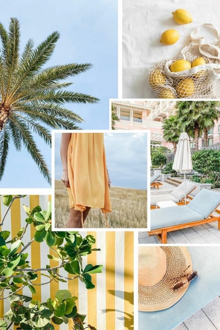 a collage of photos with lemons and palm tree in the foreground, beach chairs on the far side