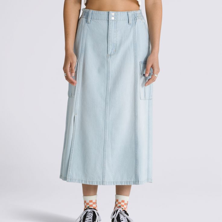 The Sidewalk Denim Maxi Skirt is made with classic cotton denim. 100% Cotton fabric Denim maxi skirt Model wearing size 26 or Small | Vans Sidewalk Denim Maxi Skirt Womens Large Medium Wash Full Length Relaxed Denim Skirt, Relaxed Full Length Denim Skirt In Medium Wash, Medium Wash Denim Maxi Skirt, Medium Wash Denim Maxi Skirt Straight Leg, Medium Wash Straight Leg Denim Maxi Skirt, Denim Blue Midi Skirt With Pockets, Spring Maxi Skirt With Pockets And Straight Leg, Spring Straight Leg Maxi Skirt With Pockets, Spring Straight-leg Maxi Skirt With Pockets