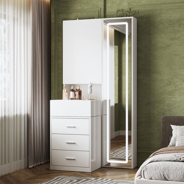 a bedroom scene with focus on the dresser and mirror in the foreground, along with a bed