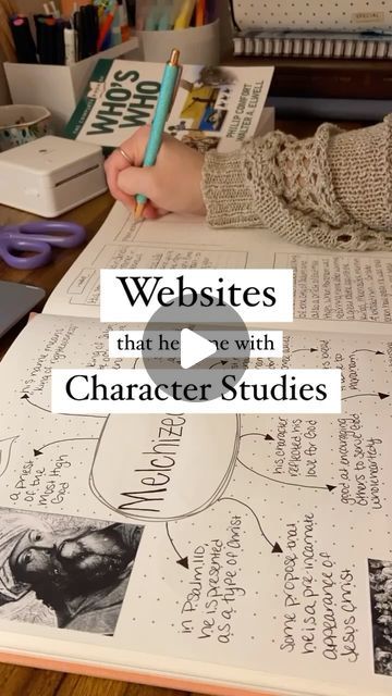 a person writing on top of an open book with the title website that the web character studies