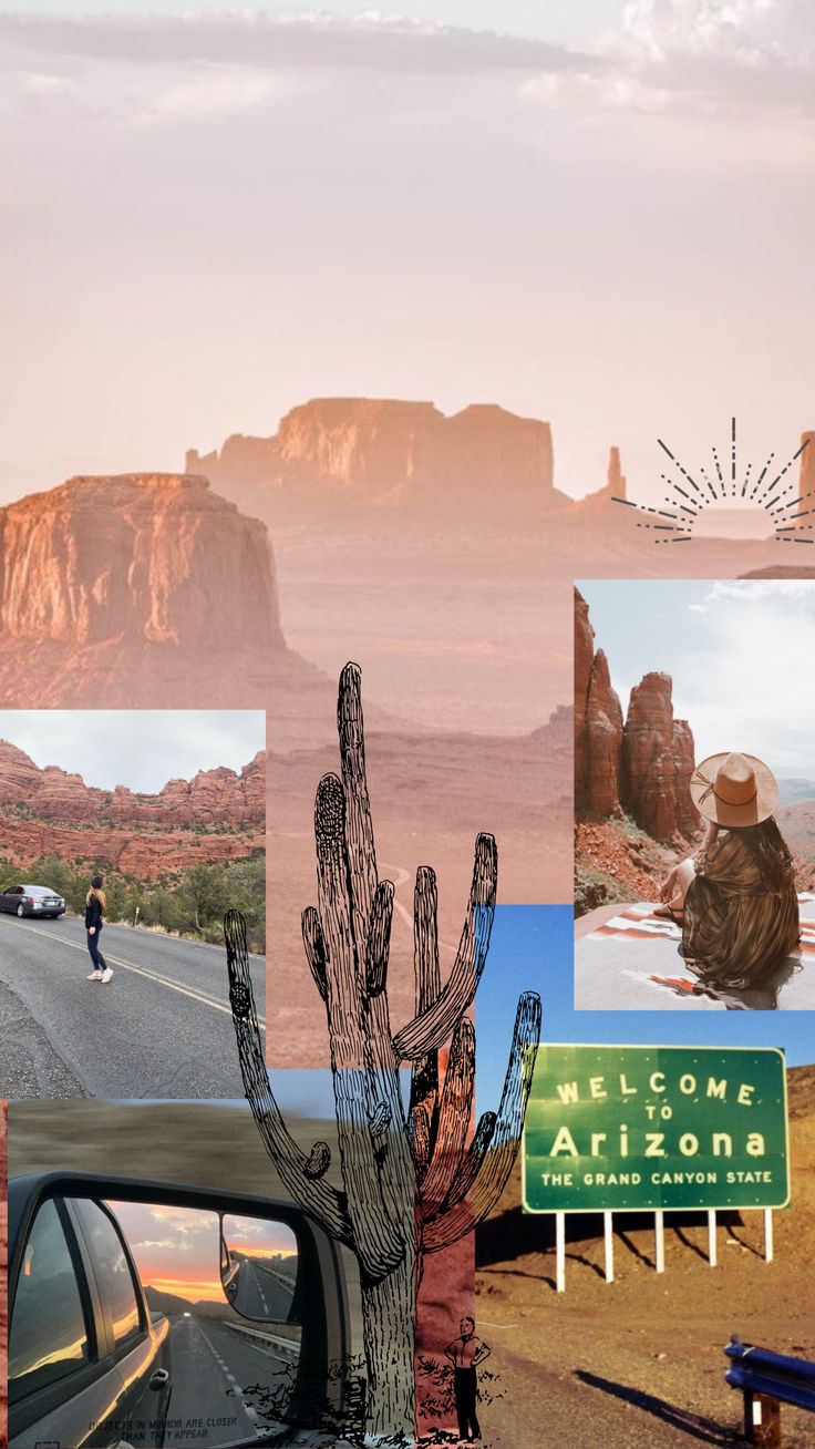 a collage of desert scenes including a road sign, cactus, mountains and trees