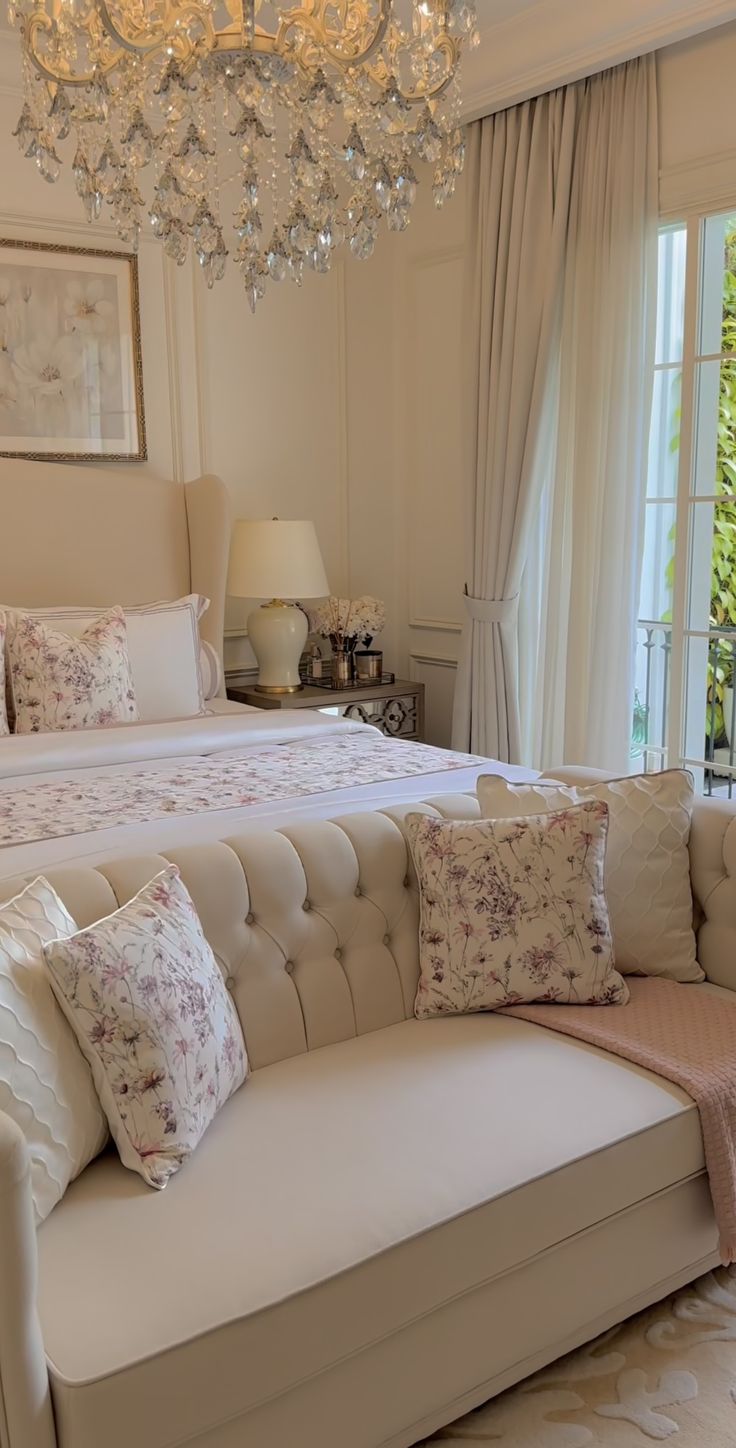 a large bed sitting next to a white couch under a chandelier