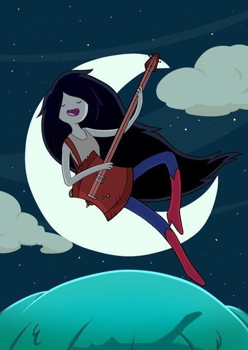 a cartoon girl flying through the air on top of a moon with a guitar in her hand