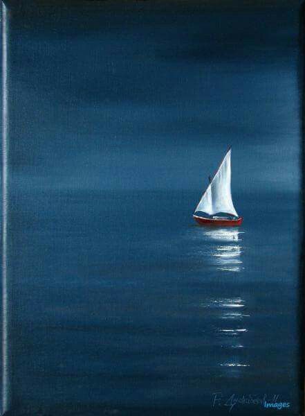 a painting of a sailboat floating in the ocean at night with blue sky and clouds