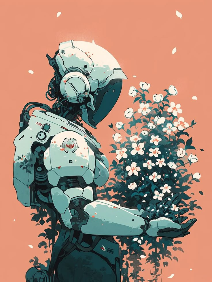 an illustration of a robot with flowers in the background