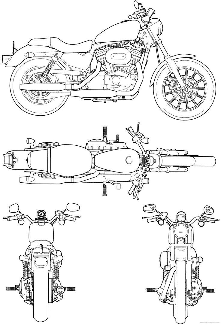 the motorcycle is shown in three different views