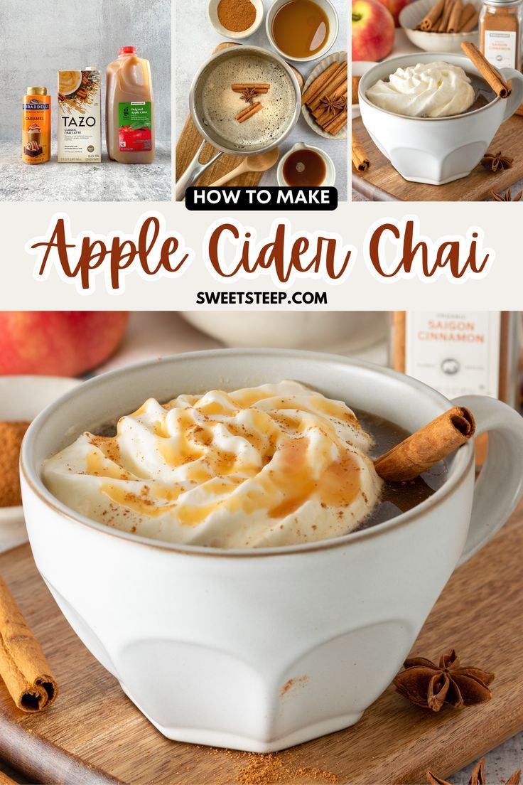 Pictures of a bottle of apple cider, chai tea concentrate and caramel sauce; apple cider chai heating up in a saucepan, and an apple cider chai drink in a cozy mug topped with whipped cream, caramel sauce and a cinnamon stick. Chai Spiced Apple Cider, Apple Cider With Whipped Cream, Fall Chai Drinks, Caramel Apple Tea, Apple Cider Chai Tea, Apple Chaider Recipe, Maple Chai Tea Latte, Caramel Apple Chai Latte, Hit Apple Cider Recipe