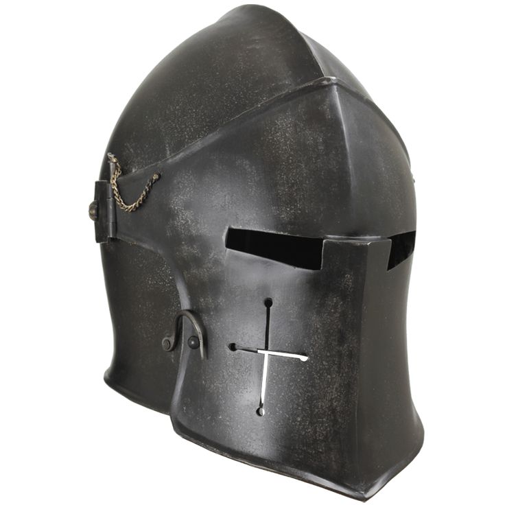 a helmet with a cross on the side and chain at the top, attached to it