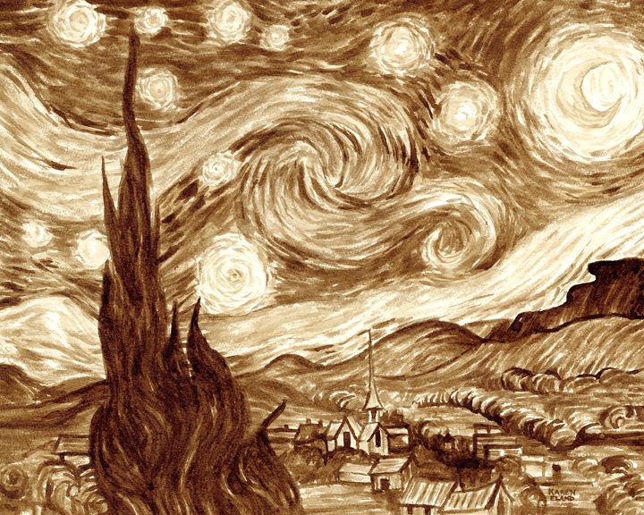 an artistic drawing of a starry night with trees and houses in the foreground