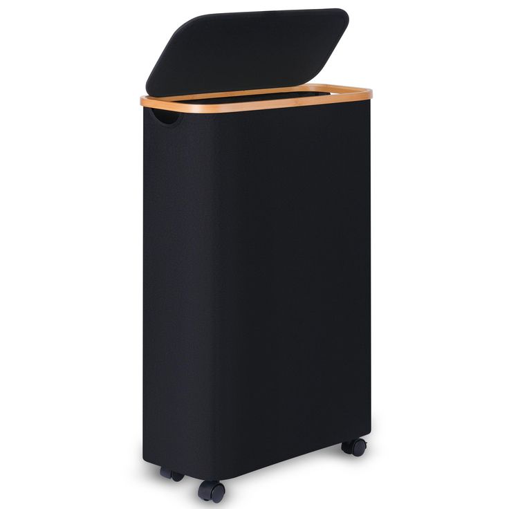 a black trash can with wheels and a wooden lid on the top, in front of a white background