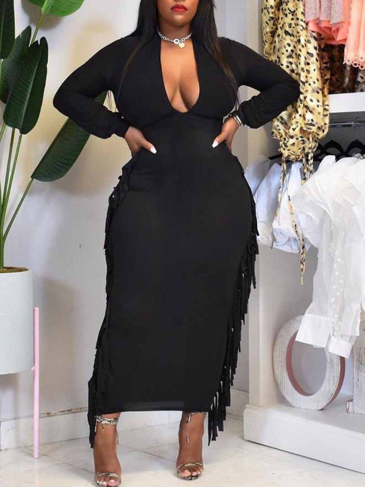 Sexy Black Dress with a plunge neckline and Fringe on the sides. Very Comfortable and runs true to size Outfit Plus Size, Tassel Dress, Plus Size Black, Long Sleeve Casual Dress, Stylish Plus, Black Long Sleeve Dress, Orange Fashion, Long Sleeve Midi, Long Sleeve Midi Dress