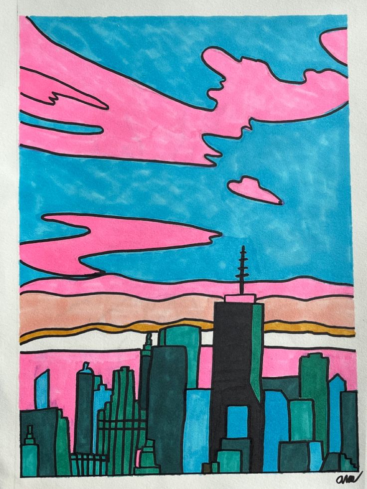 a drawing of a cityscape with pink and blue clouds