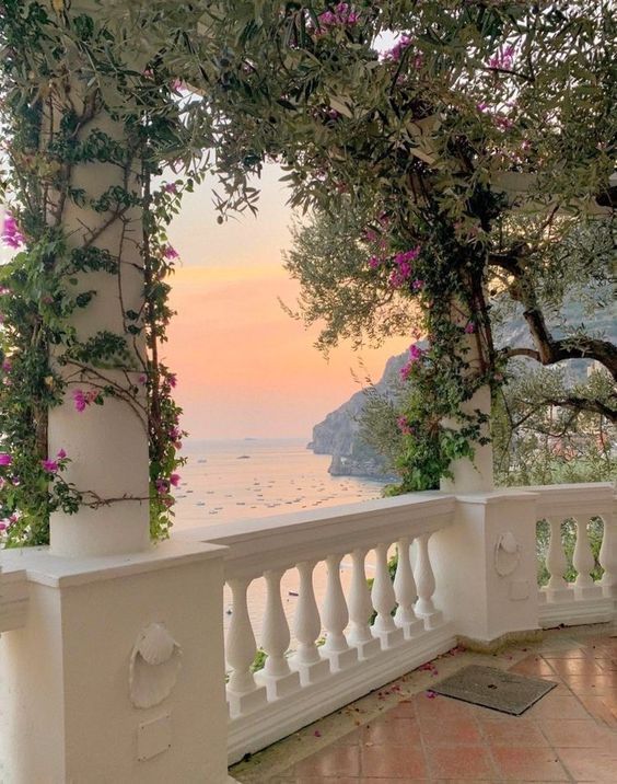 an outdoor balcony overlooking the ocean with flowers growing on the railing and potted trees