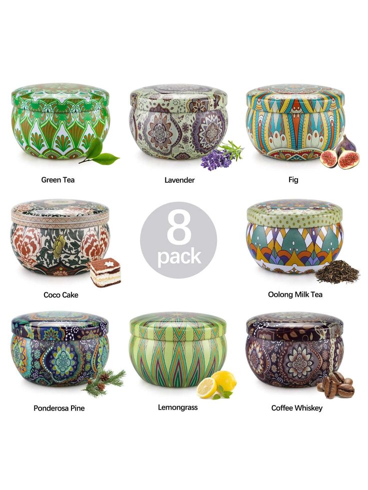 eight different types of decorative bowls with the words 8 pack on each one and below them