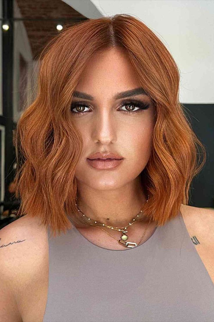 Off-Centered Bob with Dusted Ends for Short Copper Hair Balayage, Unique Hairstyles For Long Hair, Copper Bob Hair, Short Copper Hair, Medium Length Hairstyle, For Long Hair Hairstyles, Long Hair Hairstyles, Hairstyle For Women, Icy Blonde Hair