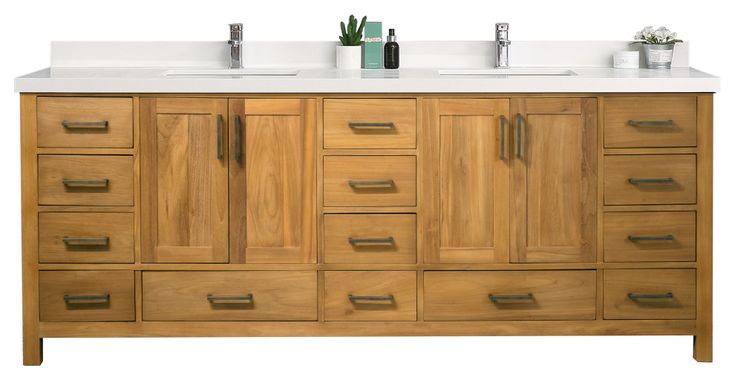 a bathroom vanity with two sinks and wooden cabinetry on the top, against a white background