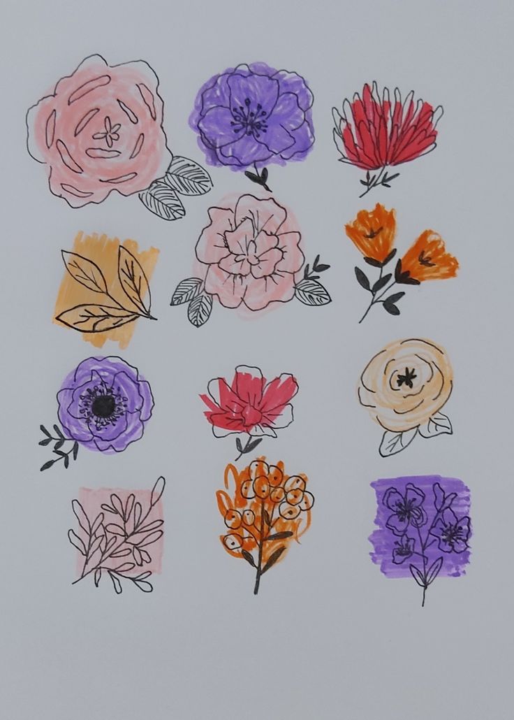 an image of flowers drawn on paper with colored pencils and watercolor paints in different colors