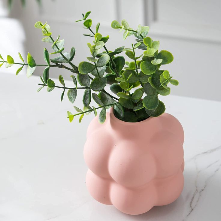 a pink vase with green plants in it sitting on a white countertop next to a potted plant