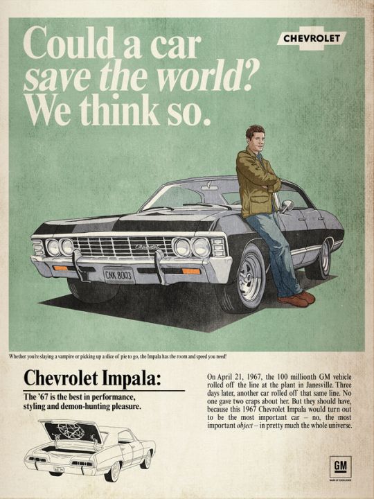 an advertisement for the chevrolet impala with a man sitting on top of it and another car in the background