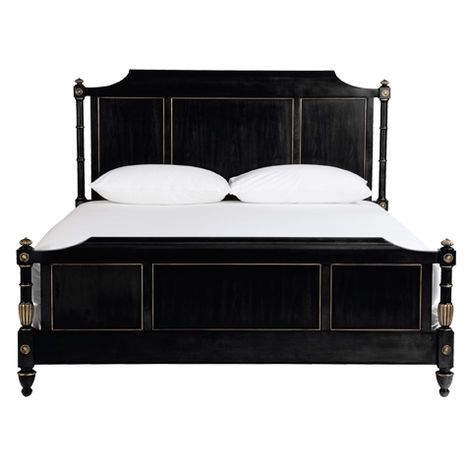 a black bed frame with white pillows and two nightstands next to it on an isolated white background