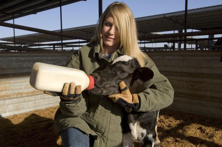 a woman is holding a baby calf and bottle