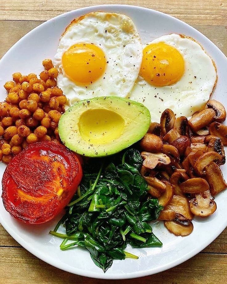 the plate has eggs, spinach, tomatoes, mushrooms and other foods on it