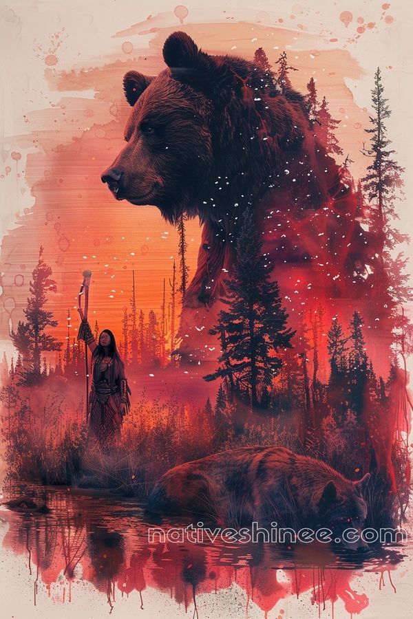 a painting of a bear standing next to a woman