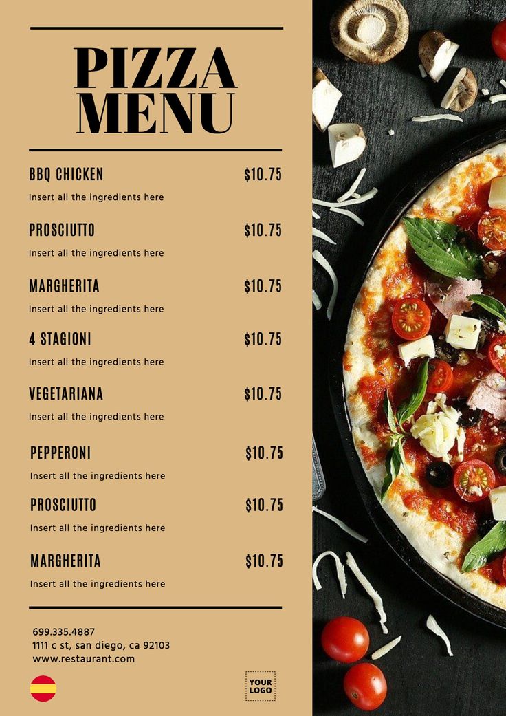 a menu for a pizza restaurant on a table with tomatoes, mushrooms and other toppings