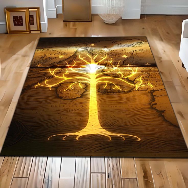 a large rug with a tree on it in the middle of a wooden flooring area