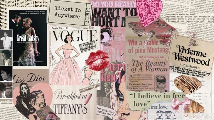 the collage is made up of many different things in pink and white colors, including newspaper pages