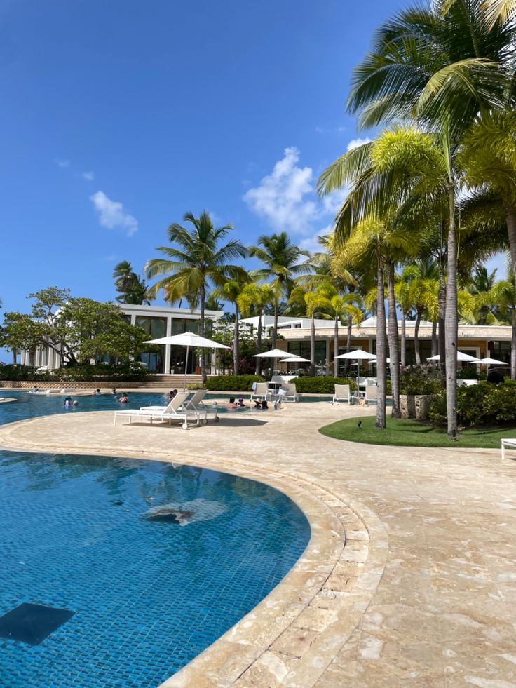 an empty swimming pool surrounded by palm trees