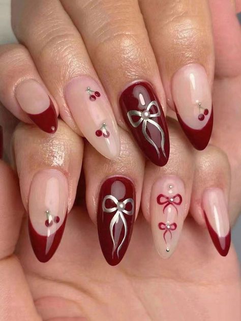 Burgundy Nail Art, Bow Nail Designs, Bow Nail Art, Kutek Disney, Nagel Tips, Nail Art Set, Fake Nails With Glue, Color Nails, Burgundy Nails