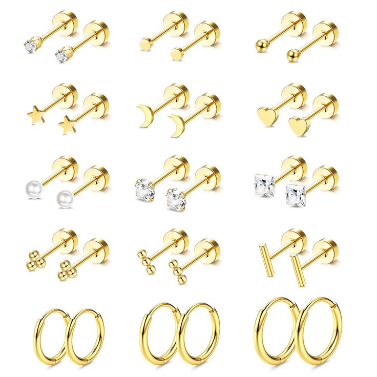 a set of gold earrings and piercings with different shapes, sizes and colors on white background