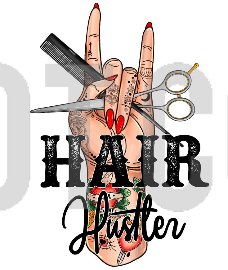 a hand with scissors and some tattoos on it that says hair & nailster written in black