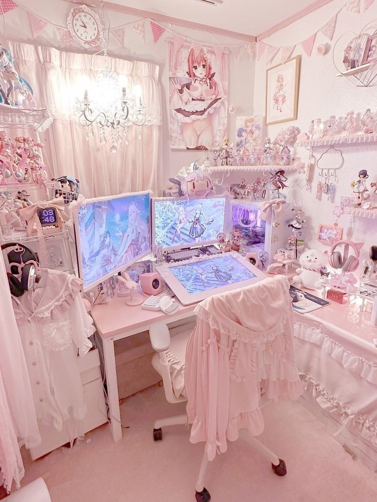 a room filled with lots of pink and white furniture next to two computer monitors on top of desks