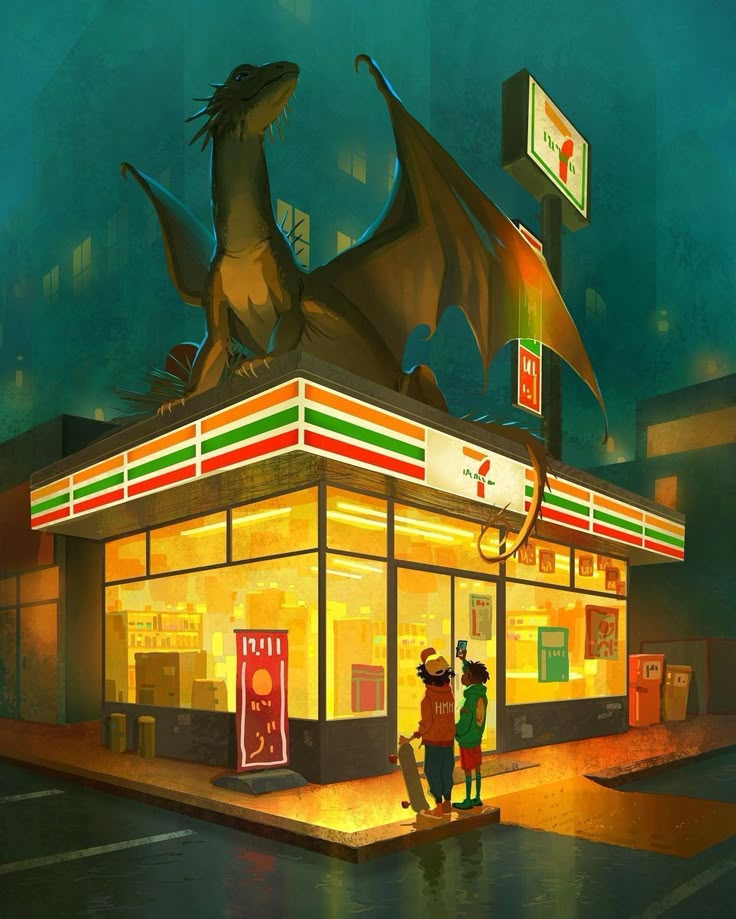 two people standing in front of a building with a dragon statue on top