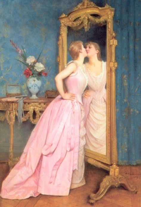 a painting of two women in front of a mirror kissing and looking at each other