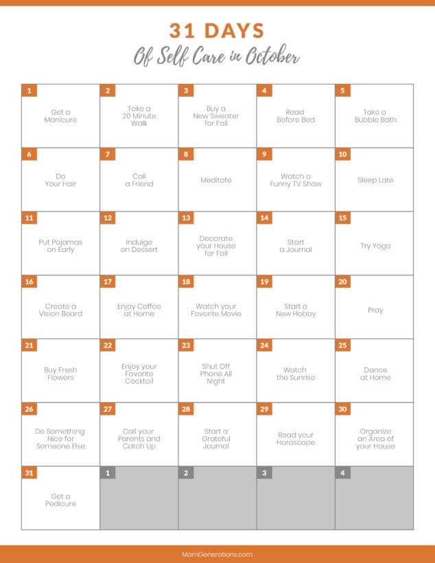 the 31 days of self care calendar is shown in orange and white with an orange border