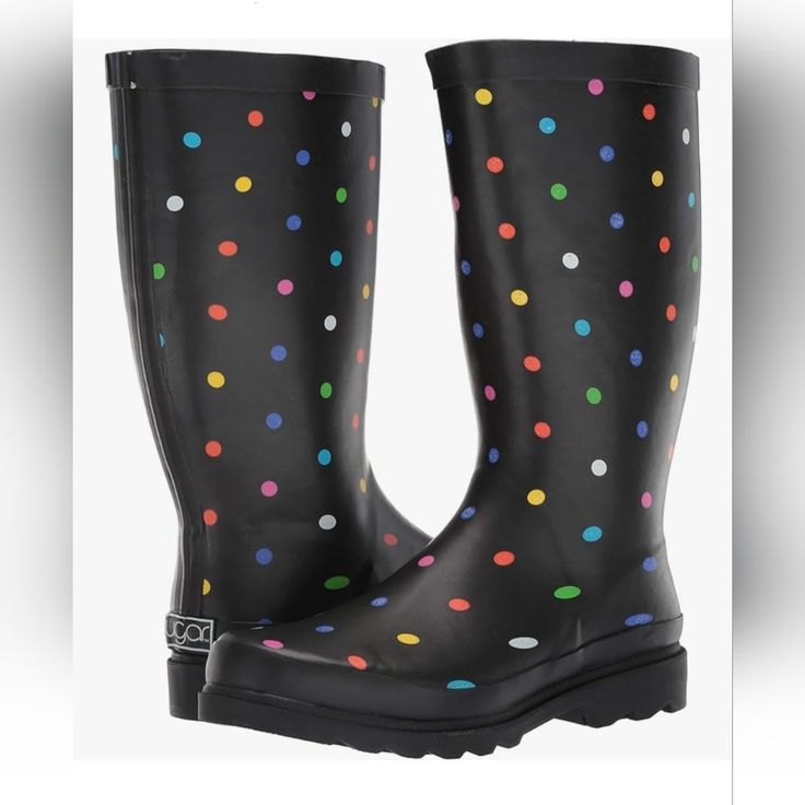 New In Box Sugar Raffle Black Rainbow Multicolor Polka Dot Rain Boots Selling On A.Mazon Right Now For $50! Black Rubber Body Fun Multi Rainbow Color Polka-Dot Pattern Rubber Traction Sole For Rain Pull On Style Mid Calf Height Lined Great For Rainy Days, Vacations, Playing Outside, Etc! Size 6 Non Smoking, No Pet Home. Offers Accepted. Fall Winter Spring Rainy Weather Waterproof Water Resistant Polka-Dots Spots Classic Neutral Gift Present Polka Dot Rain Boots, Playing Outside, Black Rainbow, Rainy Weather, Rainbow Color, Pet Home, Polka Dot Pattern, Black Rubber, Rainy Days