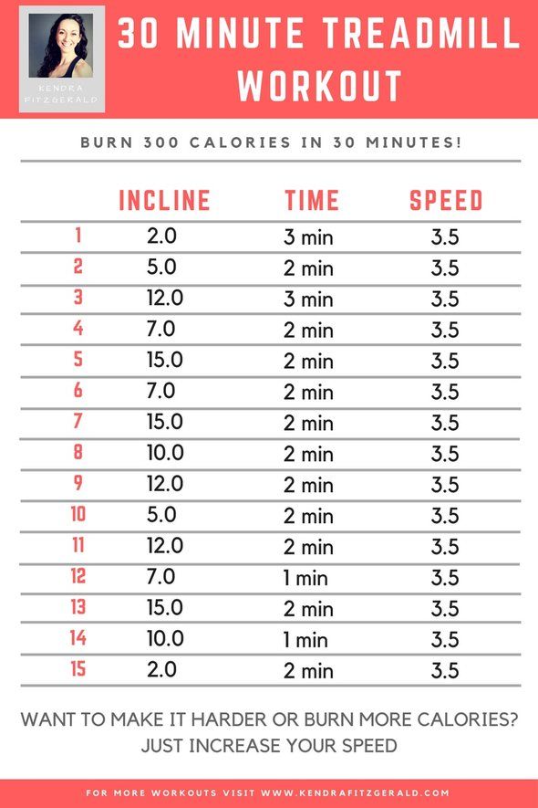 the 30 minute treadmill workout is shown in red and white, with instructions for how to